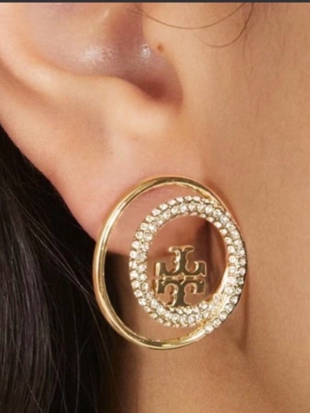 Authentic Tory Burch Open Miller Gold Crystal Double-Ring Logo Stud Earrings NEW